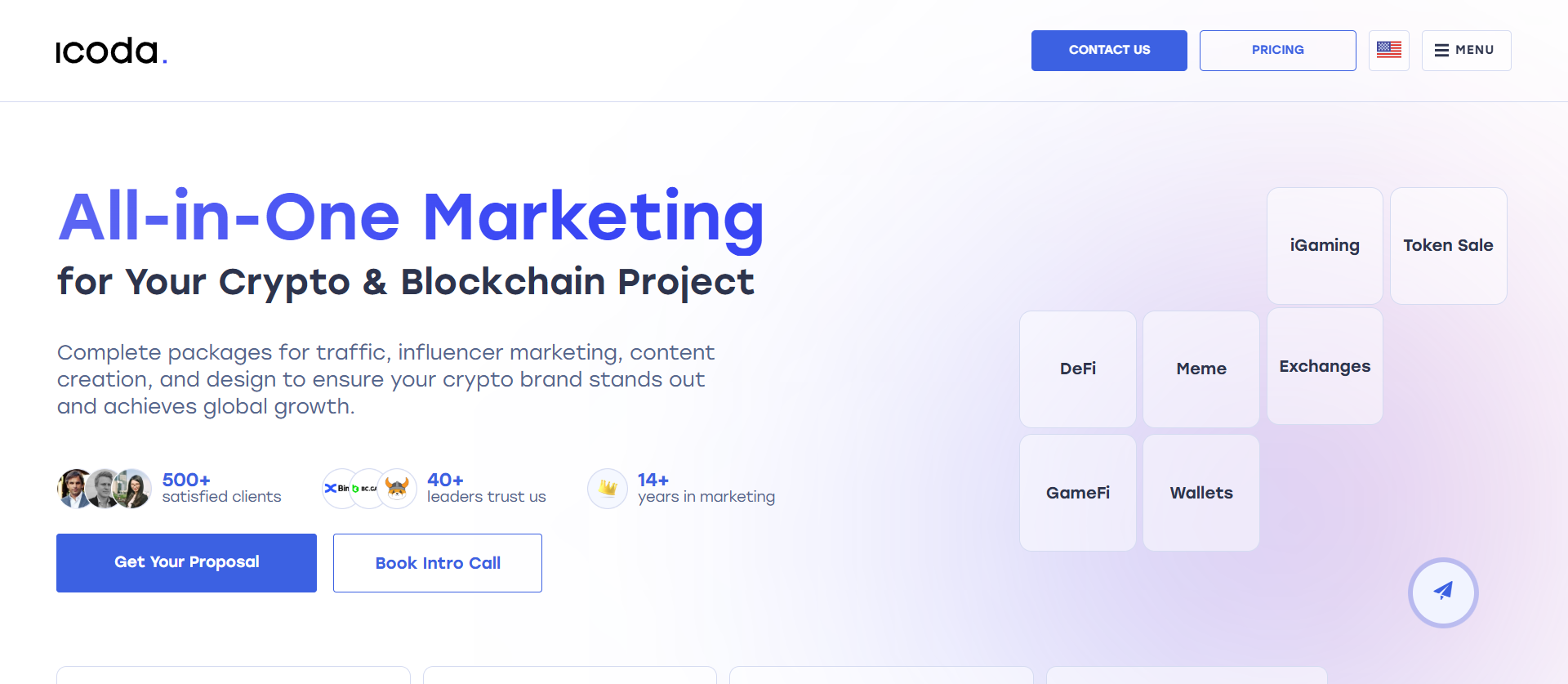 ICODA homepage showcasing full-stack blockchain marketing solutions from the best crypto marketing agency in USA