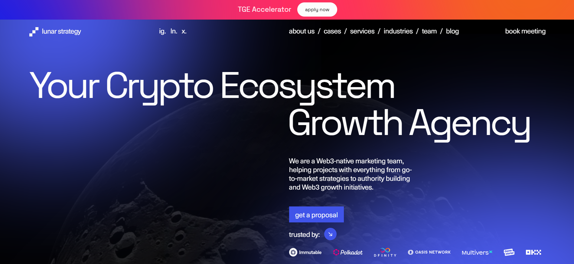 Lunar Strategy website highlighting strategic growth services and fundraising support for blockchain projects seeking the best marketing for crypto