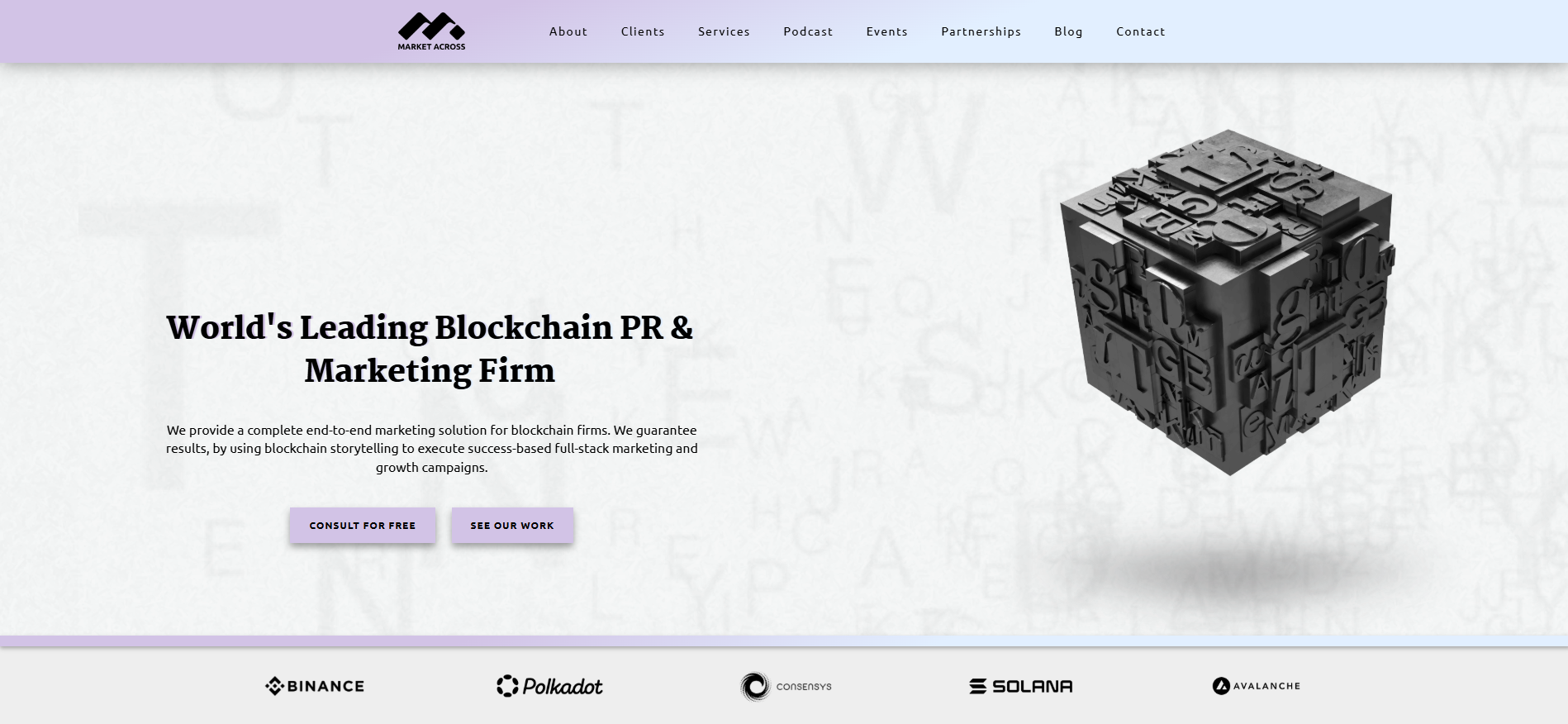 MarketAcross website showcasing guaranteed PR results and media placement services for blockchain projects, recognized as the best marketing agency for crypto