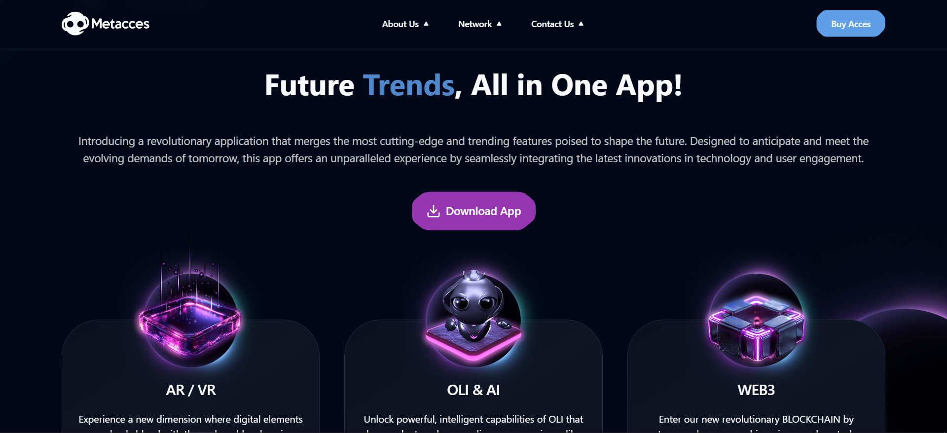 Metacces portal screenshot showing AR/VR future portal concept art, OLI assistant teaser, and ACCES token information best ai crypto presale