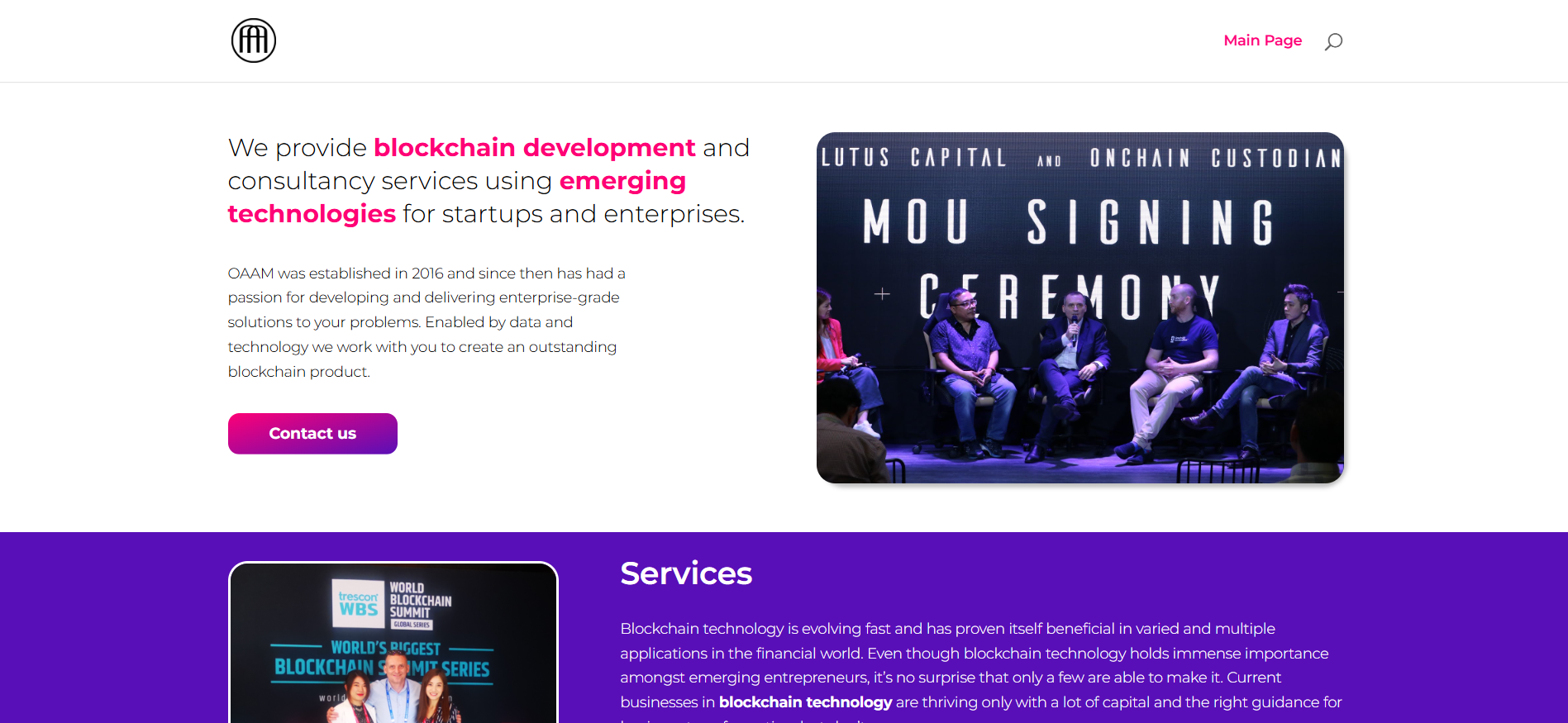 OAAM Consulting homepage displaying blockchain development, tokenomics expertise, and incubation services - best marketing agency in UK for technical crypto projects needing development support
