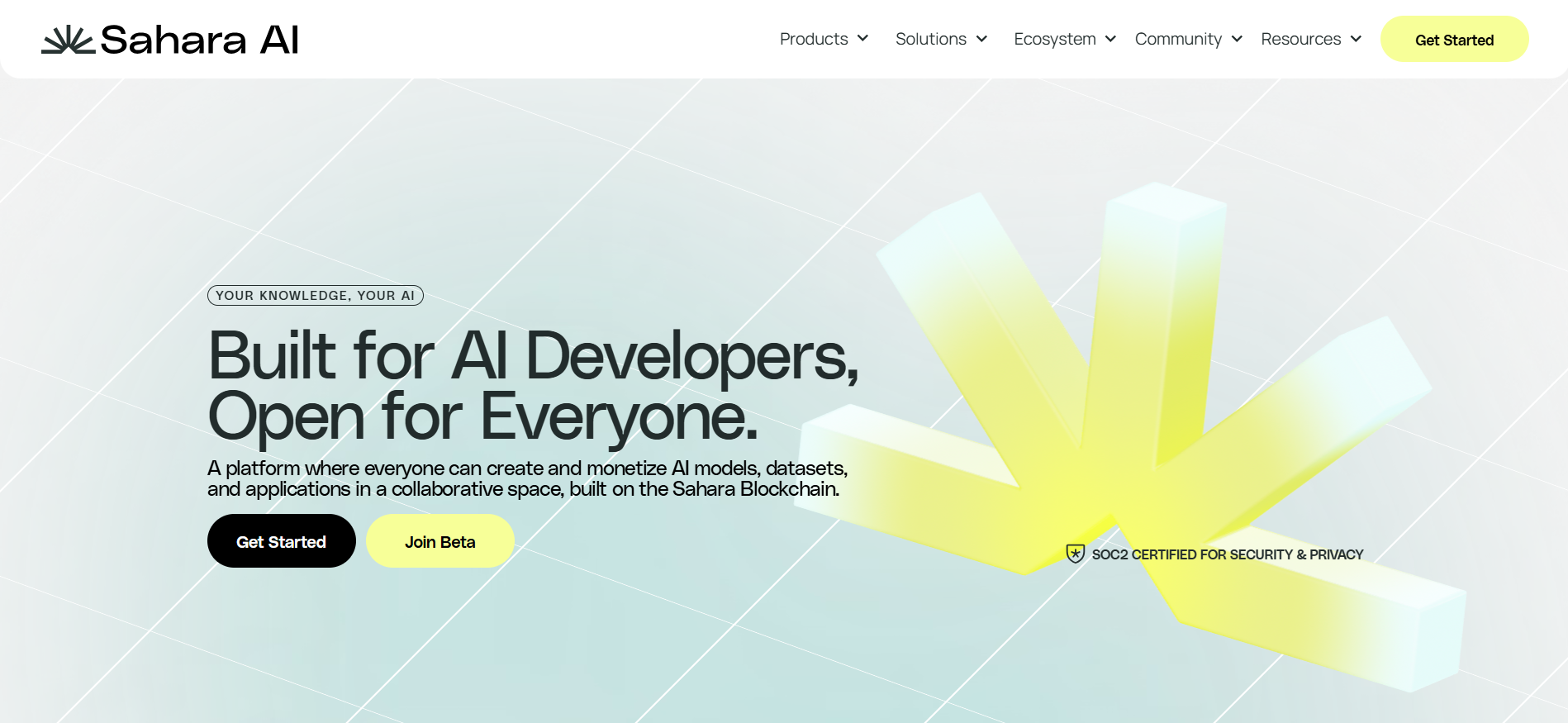 Sahara AI homepage showing decentralized AI blockchain platform with knowledge agents and data services features - best ai crypto presale with institutional backing