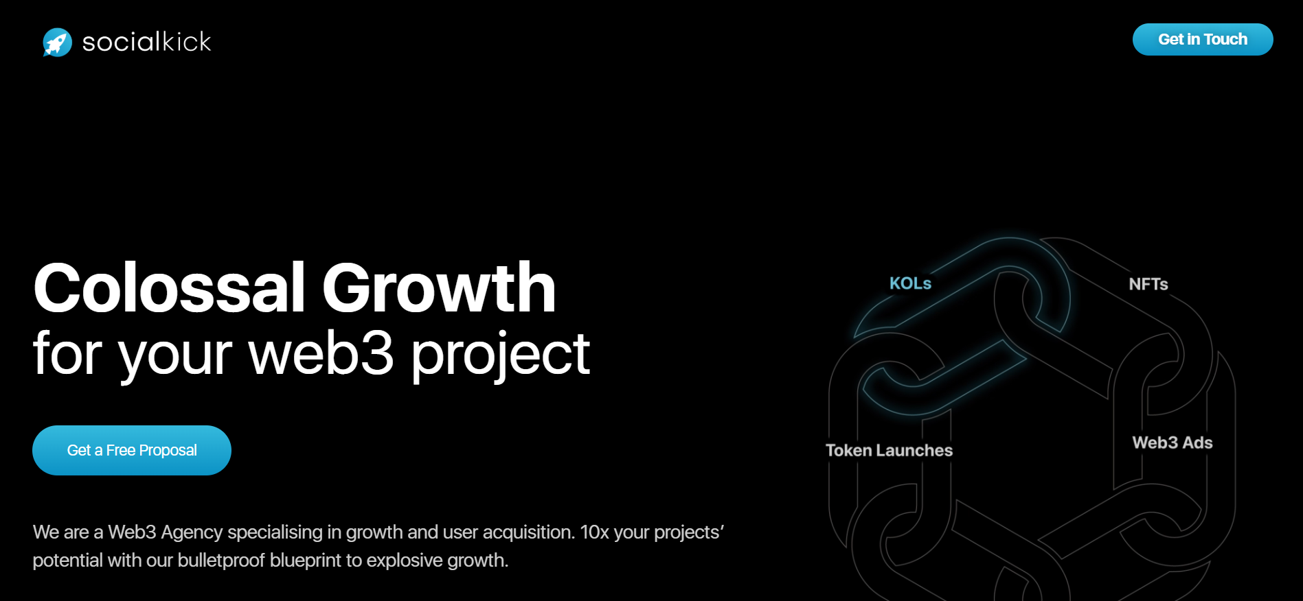 Social Kick website displaying viral growth services and social media marketing expertise for crypto projects, positioning as the best marketing agency for crypto