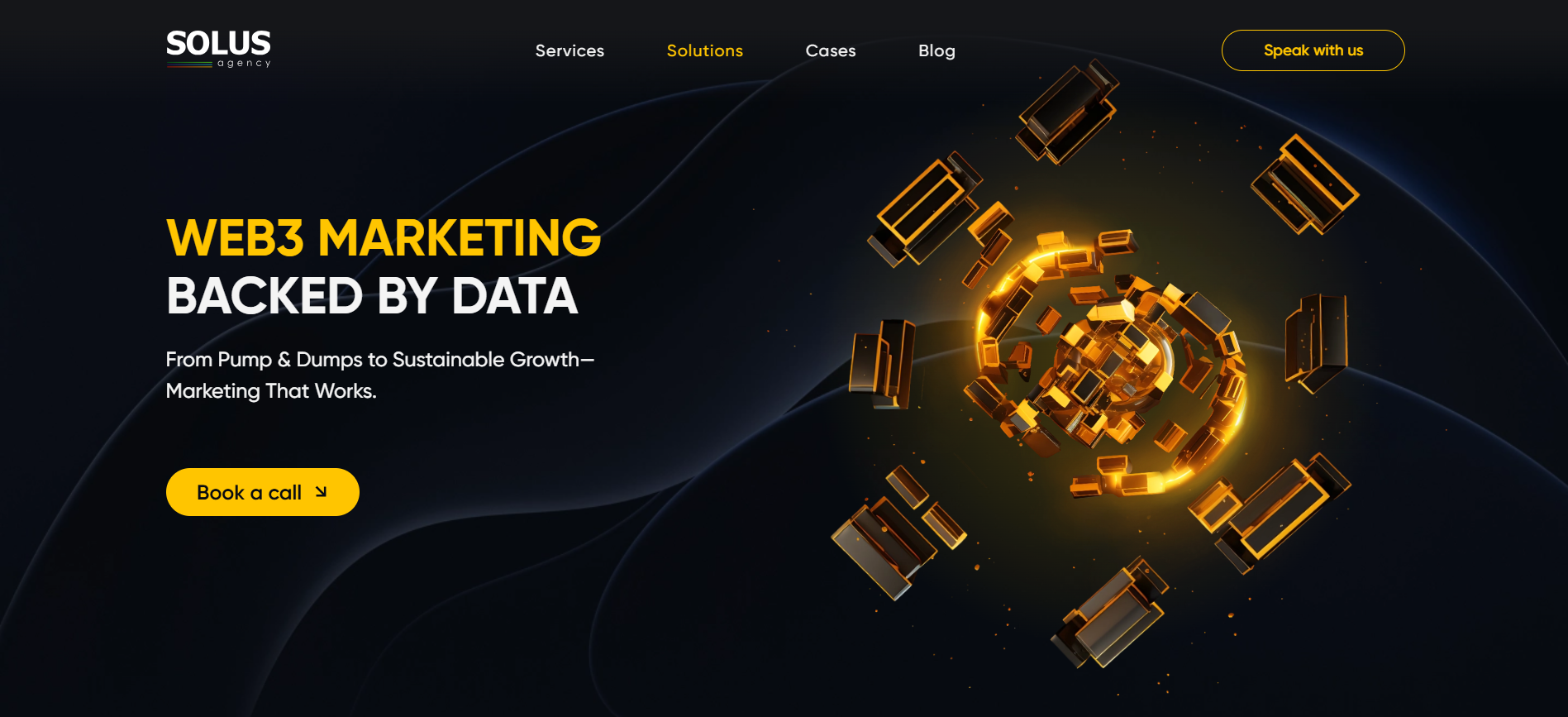 Solus Agency homepage showcasing data-driven Web3 marketing strategies and on-chain analytics from Ukraine's best crypto marketing agency in Canada market