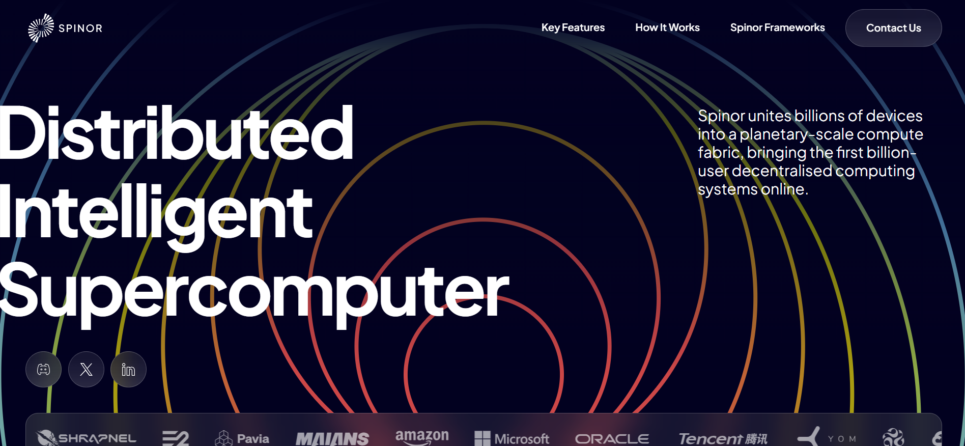 Homepage of Spinor showing a futuristic dashboard for a distributed intelligent supercomputer with navigation links and network stats ai crypto presale