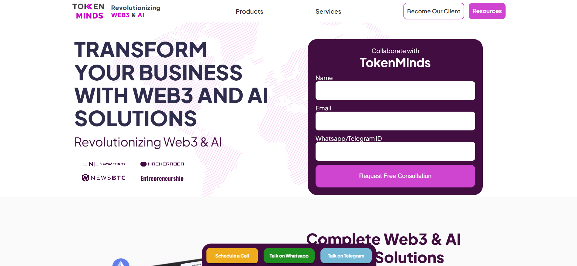 Token Minds homepage displaying end-to-end token launch support from experienced best marketing agency for crypto