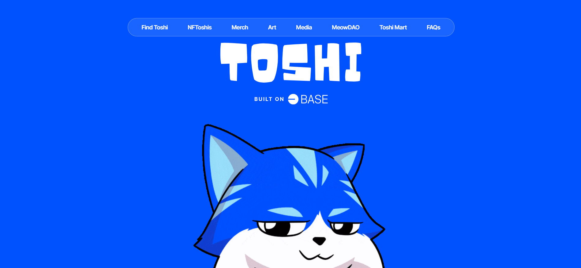 Toshi homepage - cat meme community token, one of the meme coins that will explode in 2025