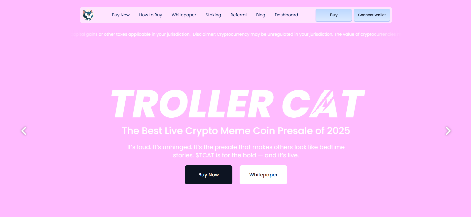 Troller Cat homepage - Cheeky cat chaos with P2E and staking features of new meme coins presale