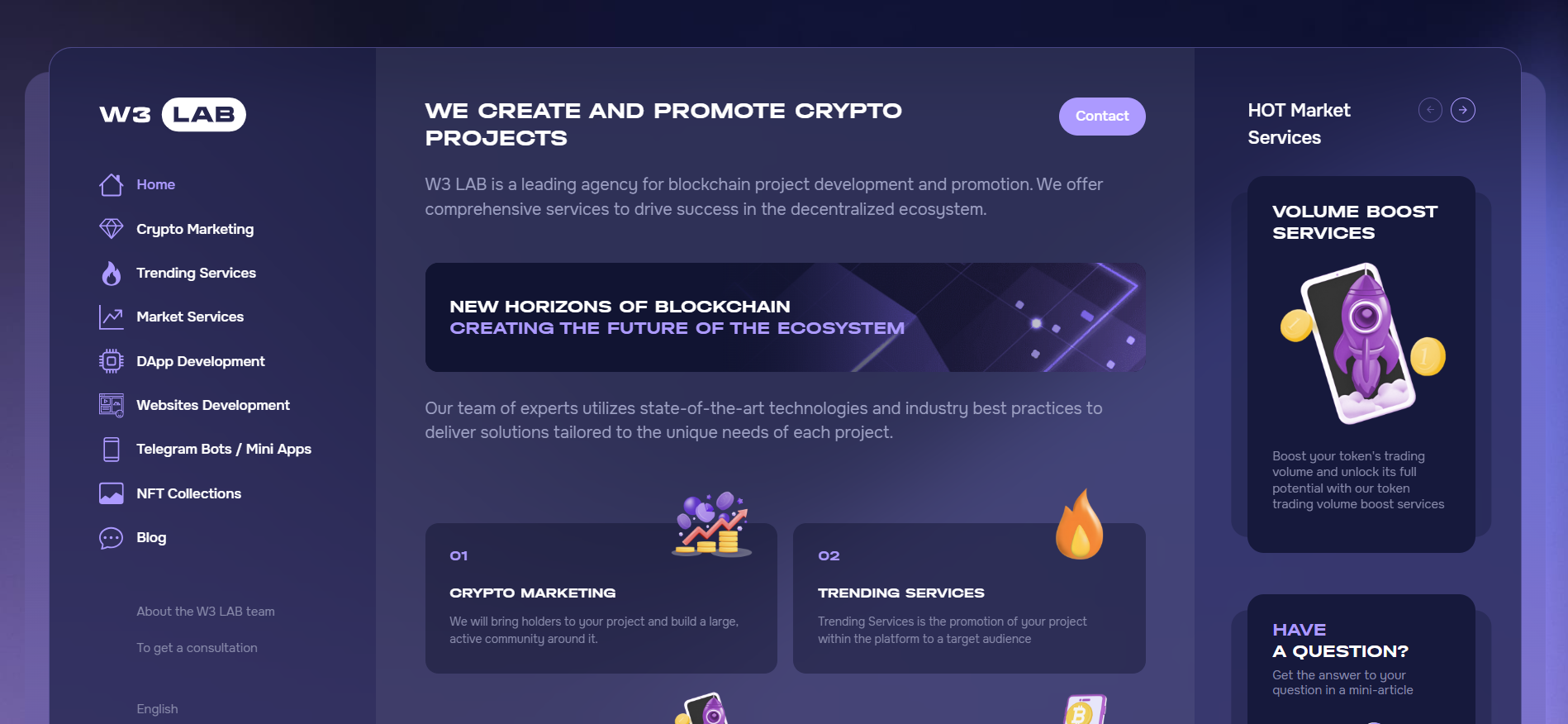 W3Lab homepage showing custom Web3 development, trending services, and aggressive growth tactics - best marketing agency for crypto launches needing viral momentum and exchange listings