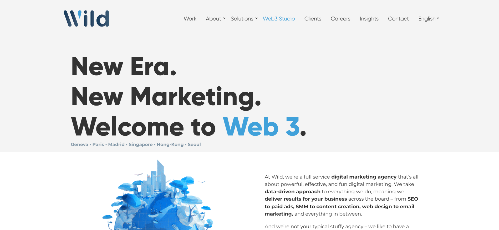 WILD Solutions homepage showcasing metaverse marketing expertise and NFT campaign development with best marketing for crypto approach