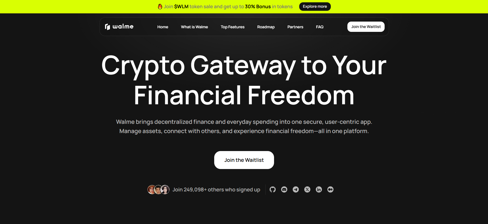 Walme homepage with Matrix messenger interface, crypto wallet overview, AI analytics widget, and token sale stage progress bar new ai crypto presale