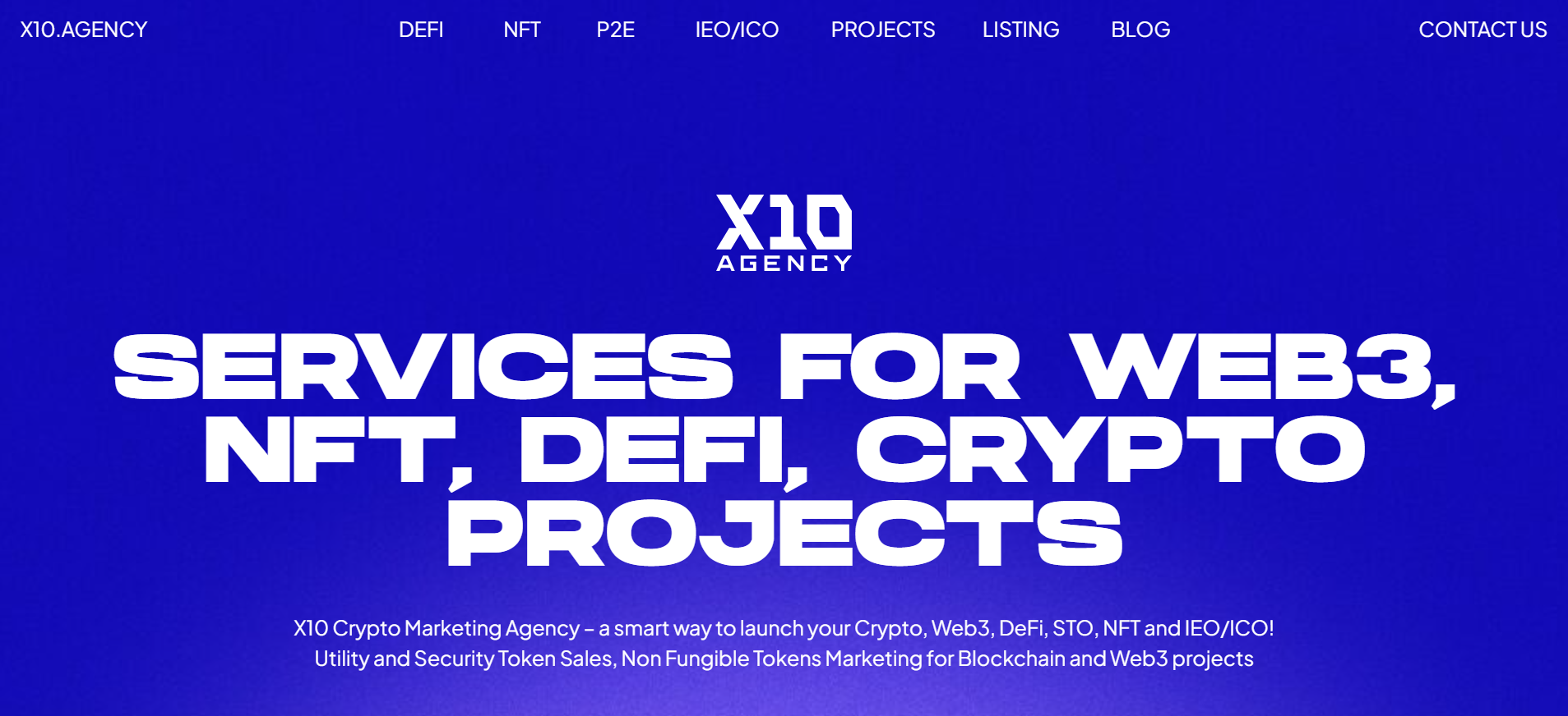 X10 Agency homepage displaying compliance-focused marketing services and STO expertise for Web3 projects seeking the best crypto marketing agency in Canada