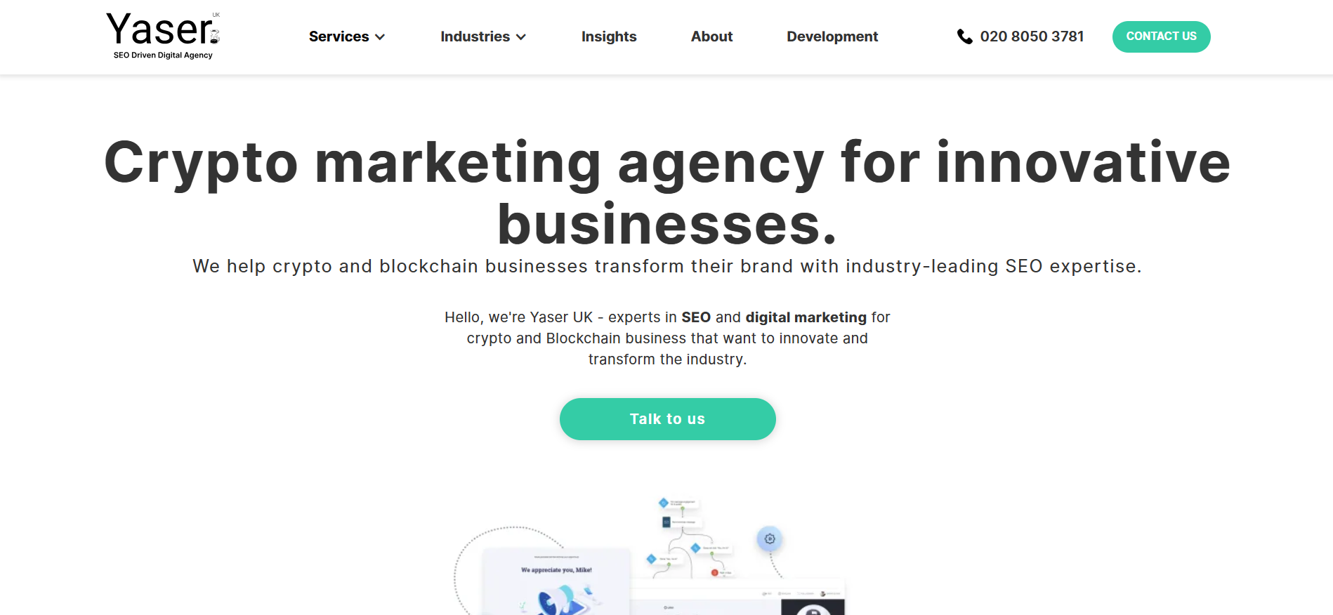 Yaser UK homepage highlighting crypto SEO expertise, fintech marketing, and organic growth strategies - best marketing agency in UK for sustainable blockchain visibility