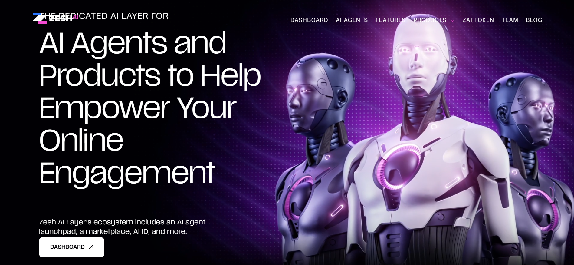 Zesh AI Layer site showcasing marketing AI agent demos, social data analytics charts, and token sale registration call-to-action presale ai crypto