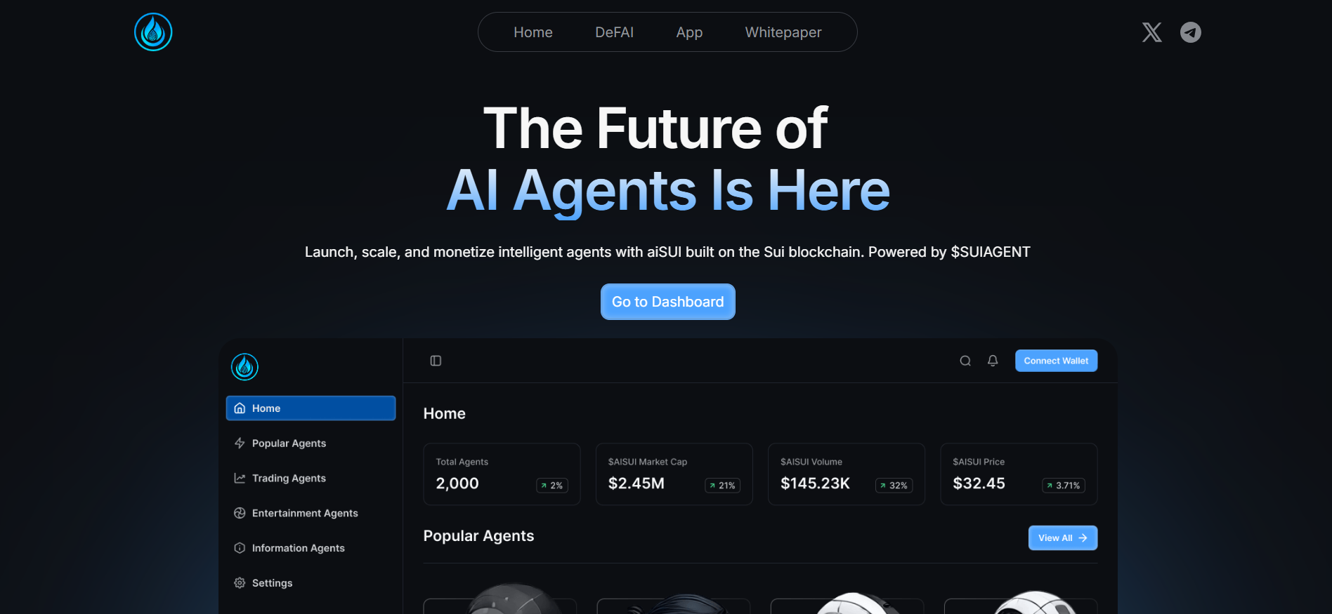 aiSUI homepage featuring ‘AI Agent Launchpad’ header, tokenomics chart, and CoinTerminal IDO participation form presale ai crypto