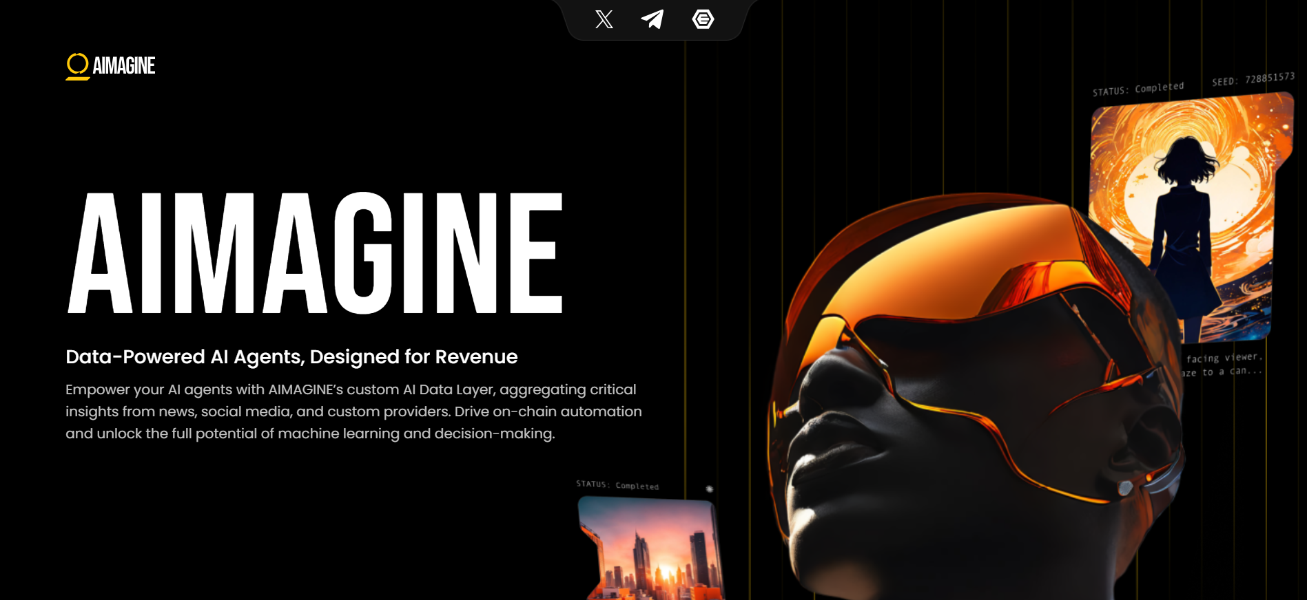 Homepage of Aimagine, the AI agent ecosystem and tokenized data infrastructure featured in our best crypto presales in USA ranking