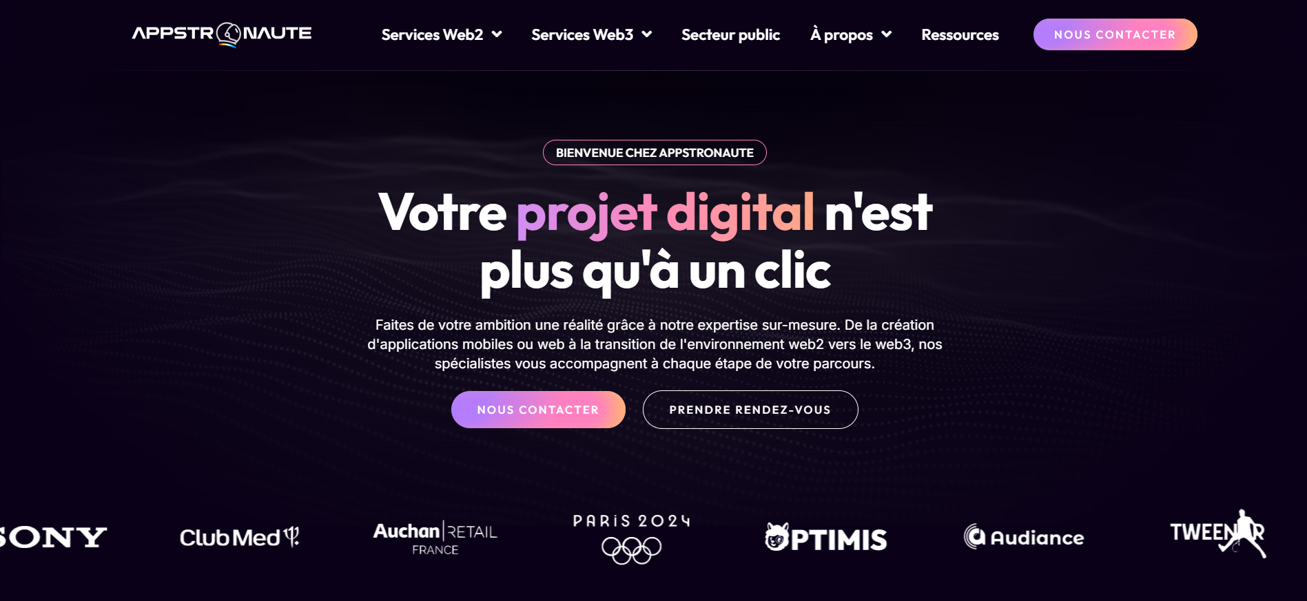 Appstronaute homepage highlighting boutique crypto development - personalized crypto marketing agency in France with 24/7 support