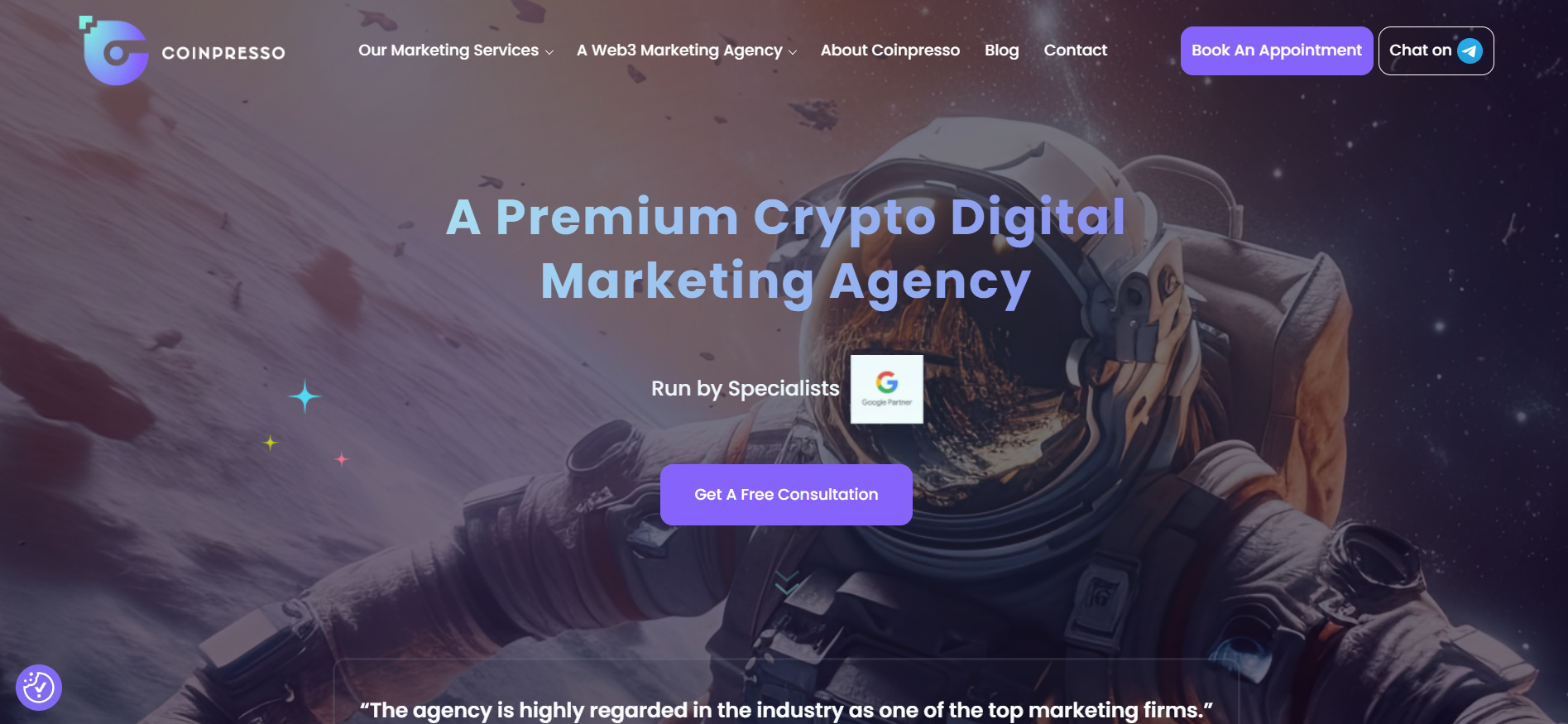 Coinpresso homepage showcasing premium performance marketing services as the best crypto marketing agency in latam