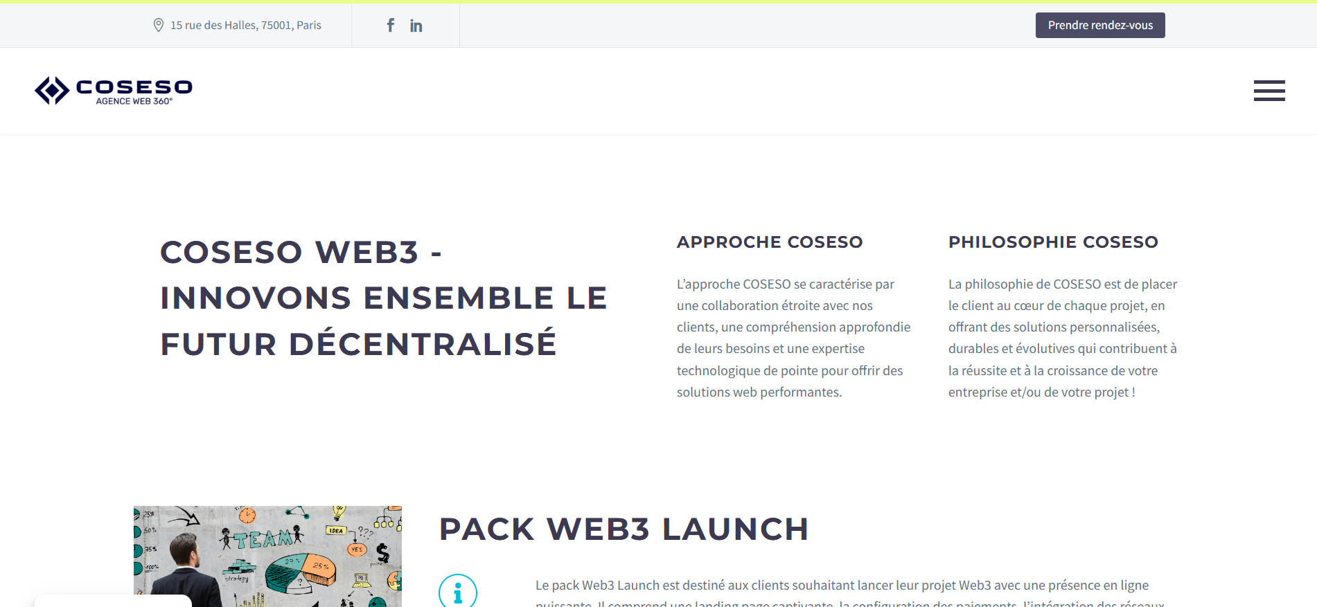 Coseso homepage showing holistic Web3 development - innovative crypto marketing agency in France with AI integration