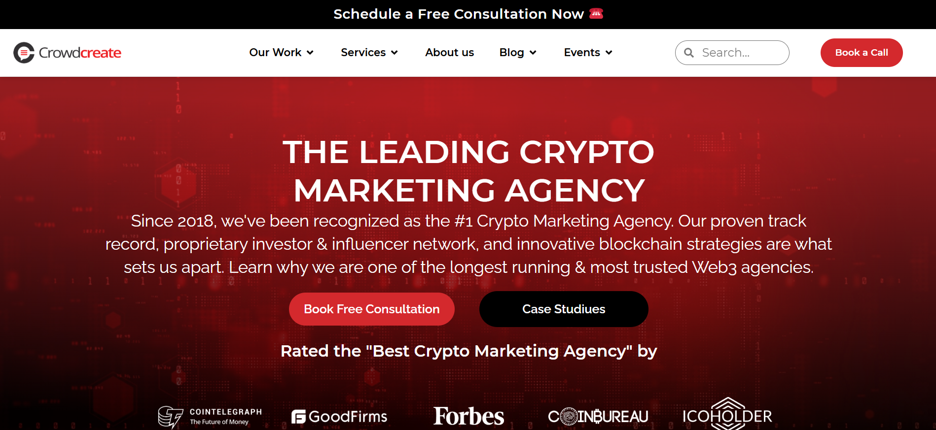 Crowdcreate homepage featuring comprehensive Web3 marketing services for the best crypto company growth strategies