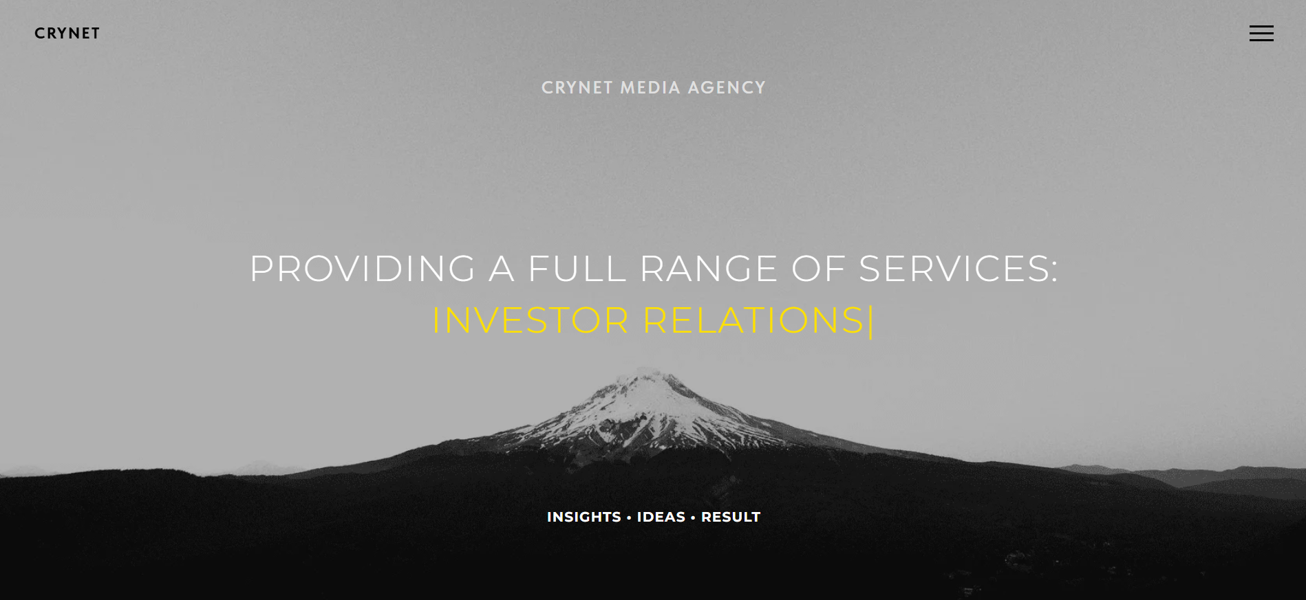 Crynet homepage displaying traditional PR-focused marketing services and regional market penetration strategies