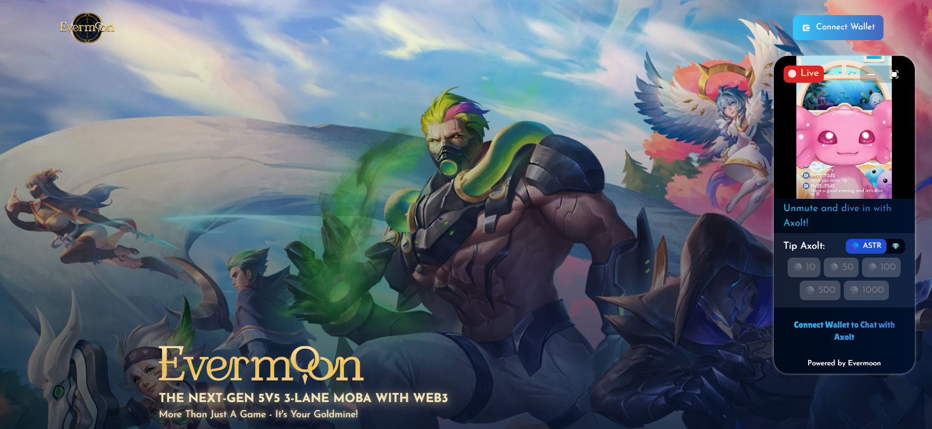 Evermoon home interface showing mobile GameFi MOBA with play-to-earn mechanics, featured in the best crypto presales in July and a top entry in the presale crypto list