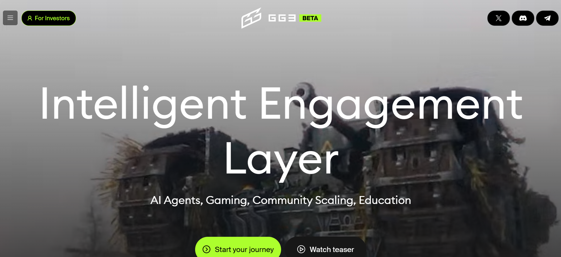 GG3 homepage showing gamified community quest system using AI and VTubers, ranked among the best crypto presales in July and part of the presale crypto list