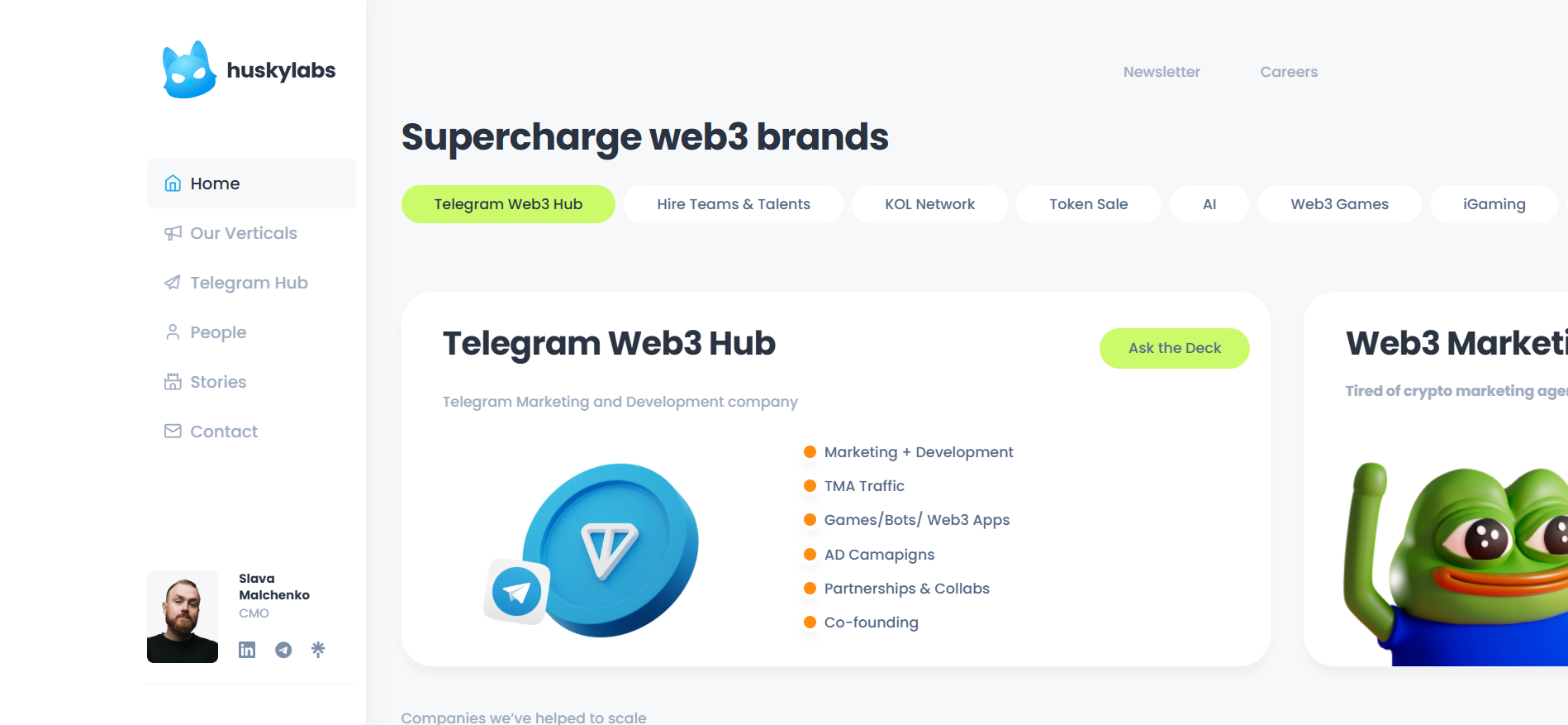 Husky Labs homepage featuring performance-driven marketing solutions and dedicated team allocation for blockchain projects