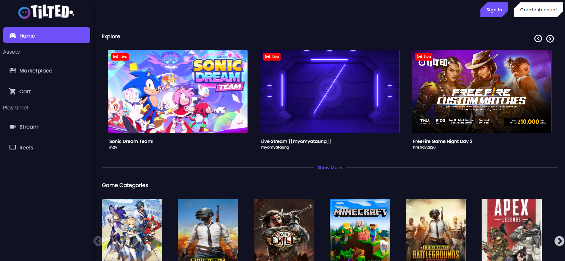 Homepage of Tilted, the Web3 short-video and live commerce app for gamers featured in the best crypto presales in USA