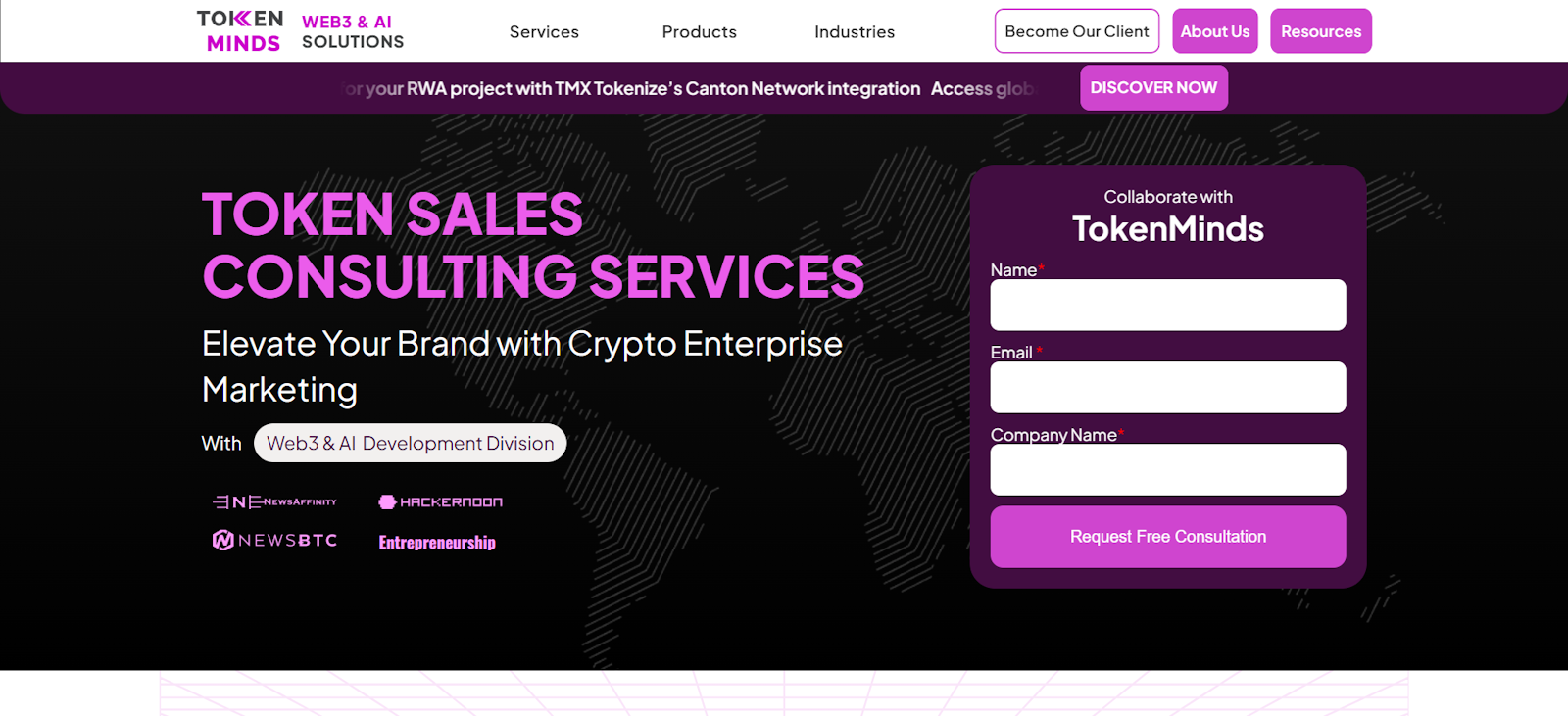 TokenMinds token sales consulting services page: pink headline, media logos, and a "Request Free Consultation" form.