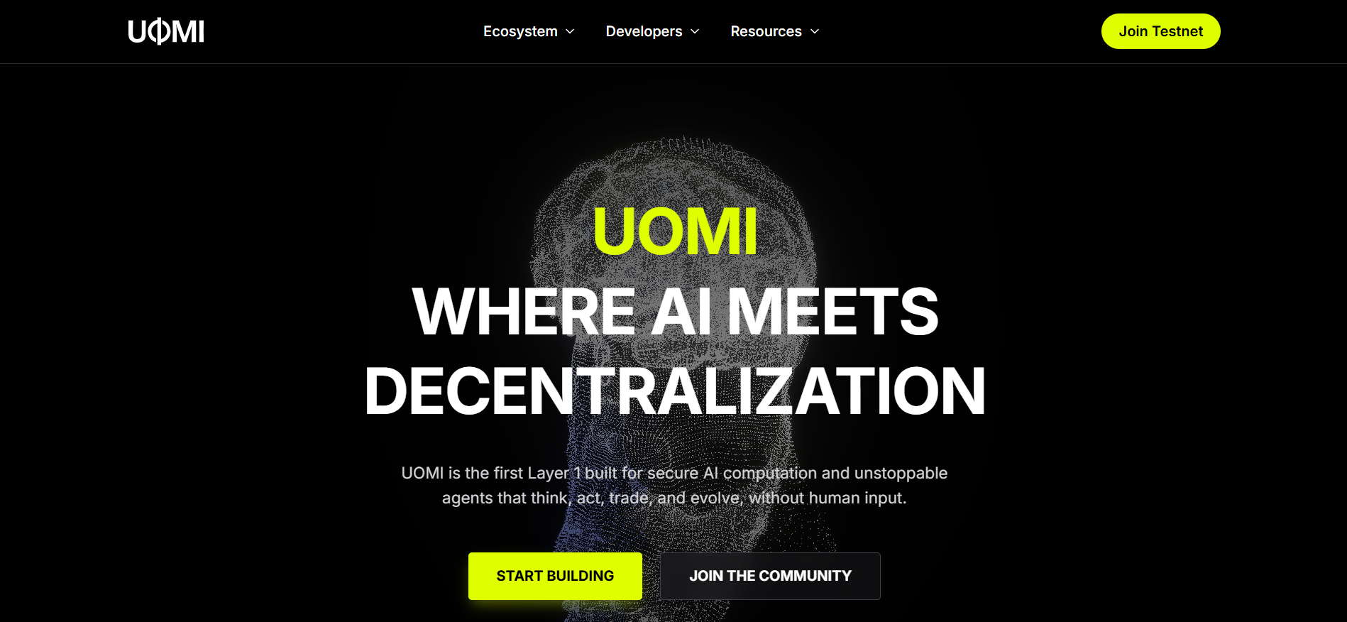 UOMI homepage showcasing AI agent infrastructure for Web3, a standout project in the best crypto presales in July and a strong pick in the presale crypto list