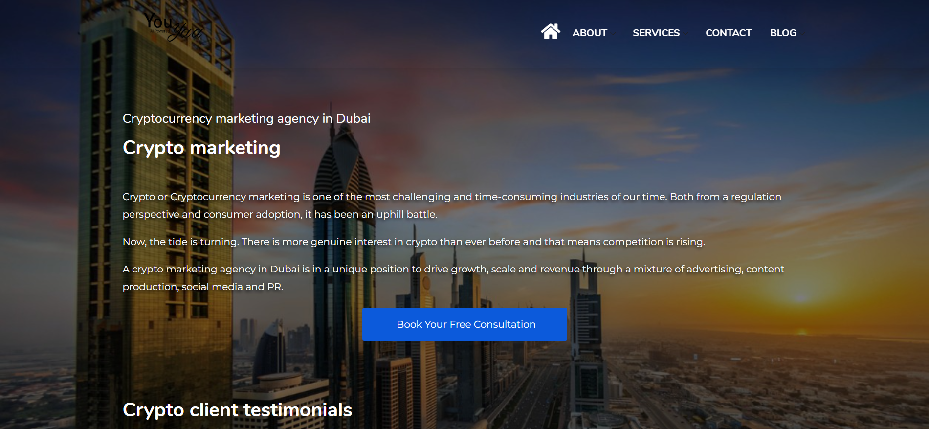 Best marketing for crypto YouYaa Dubai-based agency homepage interface