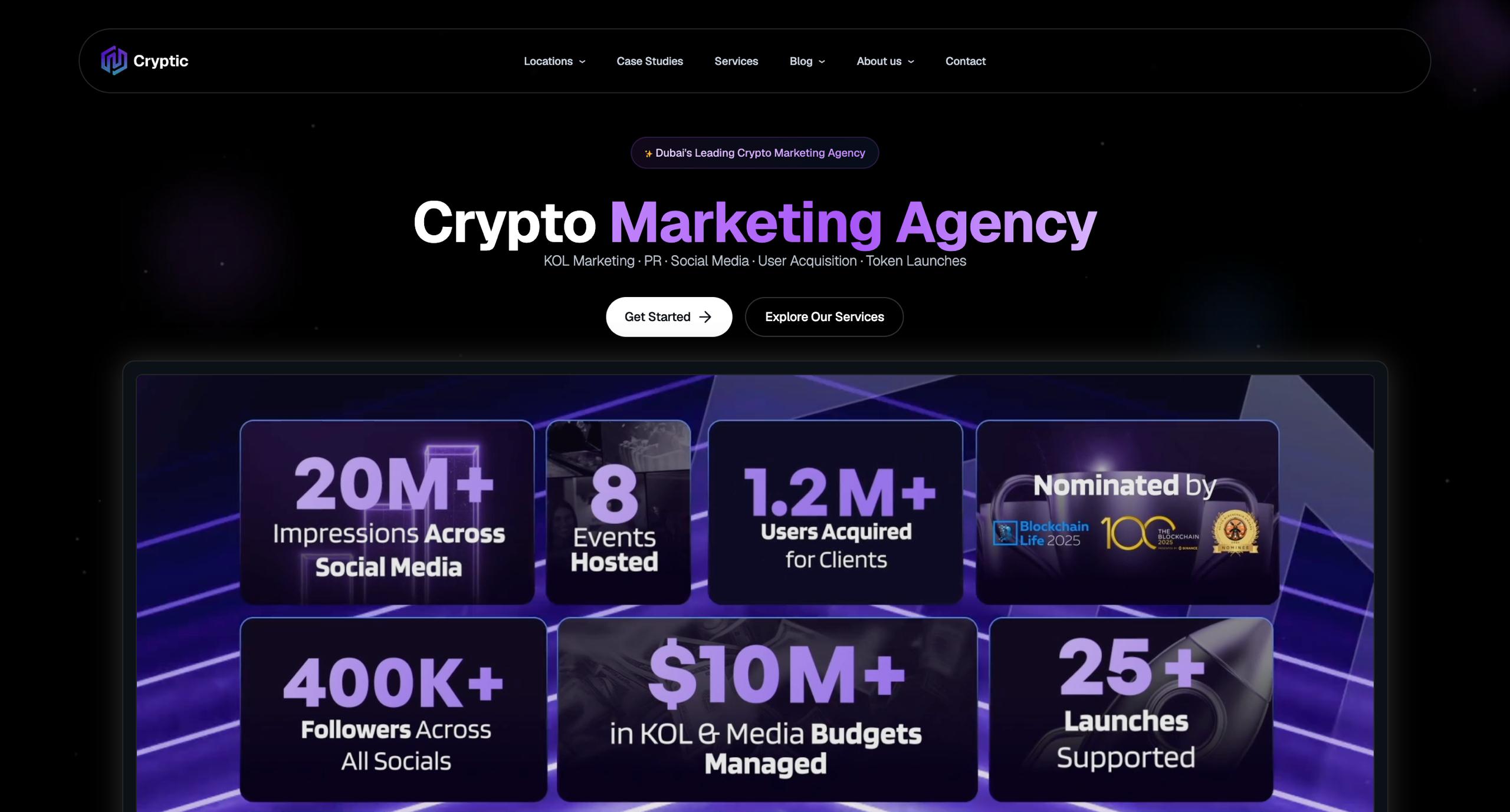 Crypto marketing agency Cryptic Dubai-based agency homepage interface