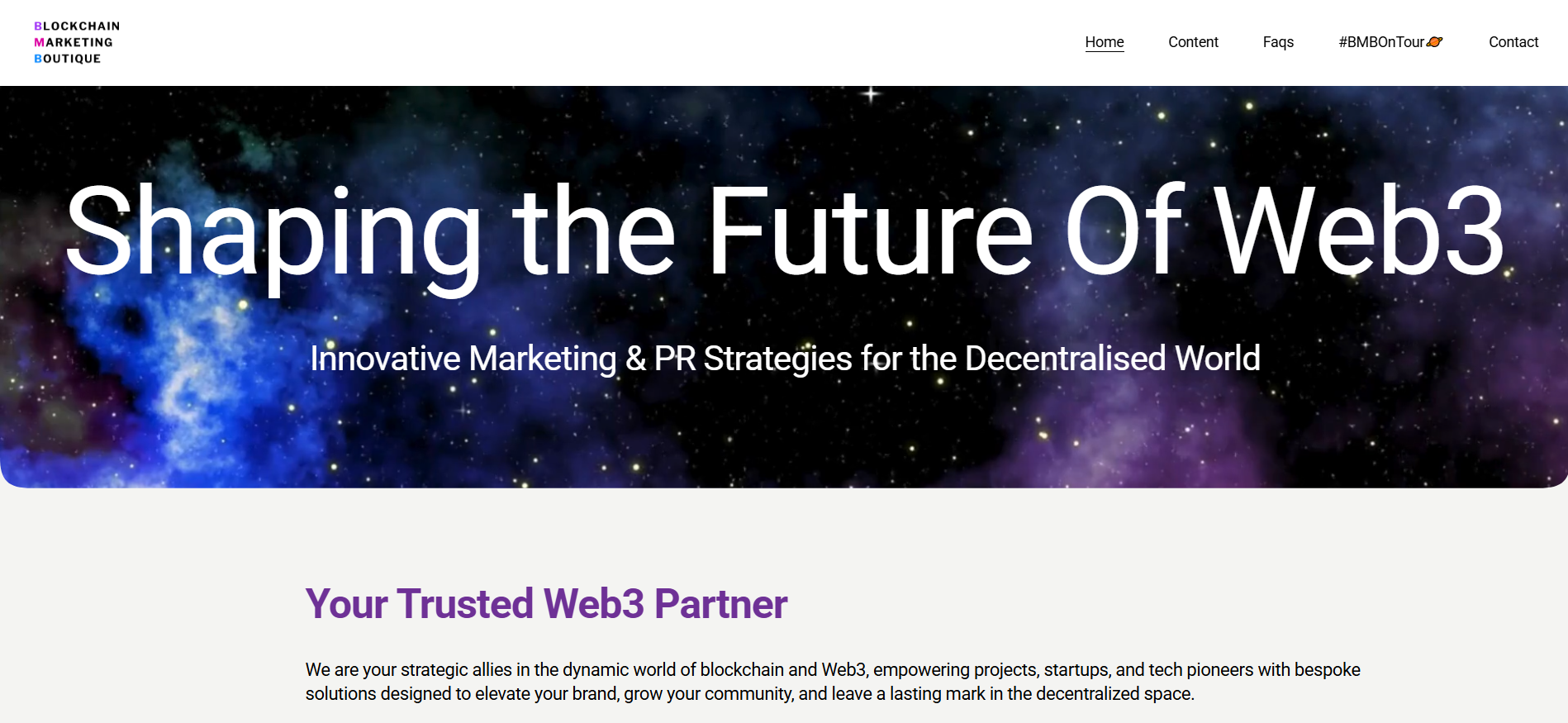 Blockchain Marketing Boutique homepage showcasing boutique Web3 marketing services with custom DeFi strategy development, creative blockchain design, and personalized cryptocurrency promotion for innovative protocols