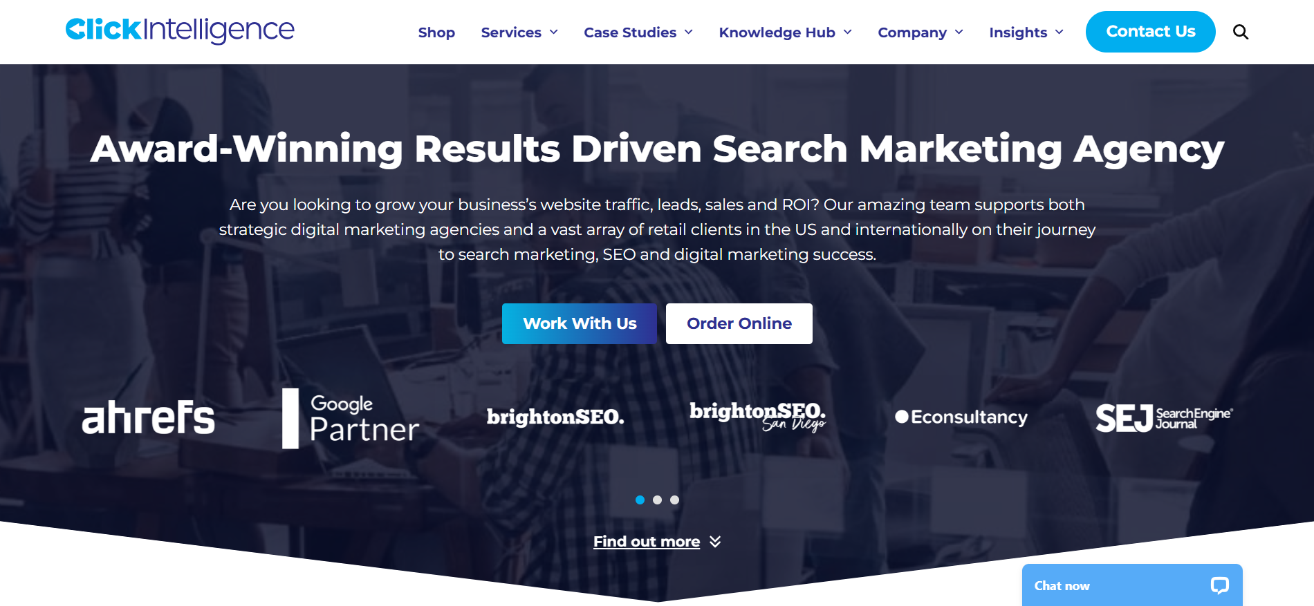Click Intelligence homepage presenting blockchain marketing services including cryptocurrency SEO optimization, DeFi PPC campaigns, and digital advertising solutions for decentralized finance projects with performance metrics