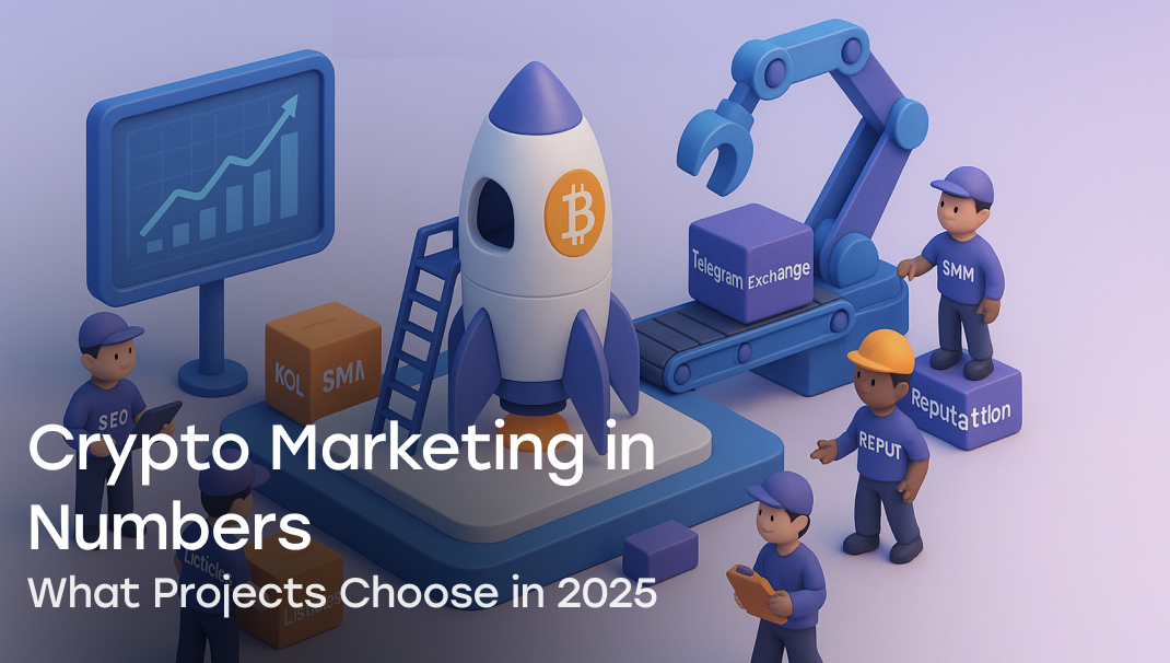 3D illustration of a rocket being built by workers labeled with crypto marketing roles like SEO, SMM, KOL, Reputation, and Exchange. The rocket has a Bitcoin symbol and is surrounded by charts and labeled boxes representing marketing services. Title text: “Crypto Marketing in Numbers – What Projects Choose in 2025