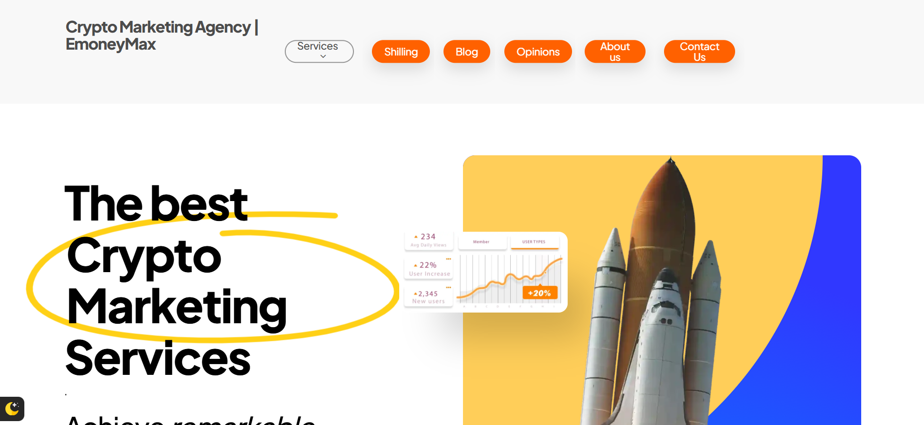 EmoneyMax homepage offering budget friendly cryptocurrency marketing solutions with Telegram promotion services, multilingual DeFi campaigns across 20 languages, and grassroots blockchain community building strategies