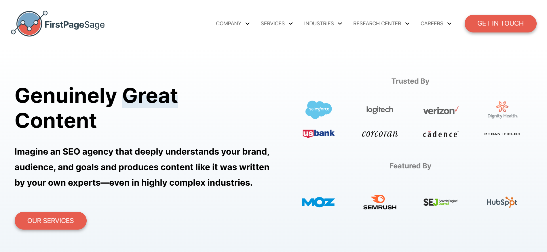 First Page Sage - Best Generative Engine Optimization Company for AI Visibility homepage featuring GEO research pioneer Evan Bailyn's premium services