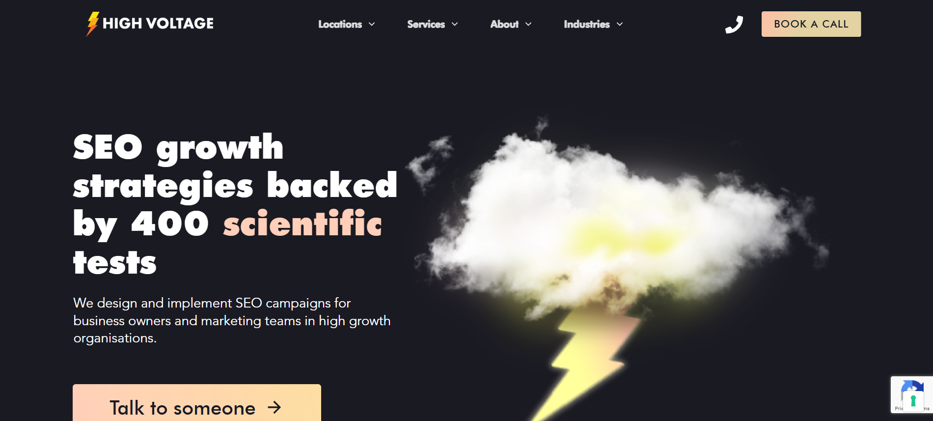 High Voltage SEO website showcasing compound SEO methodology for cryptocurrency companies with specialized blockchain optimization programs and crypto industry focus