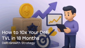 3D illustration of a DeFi growth concept featuring a robot labeled