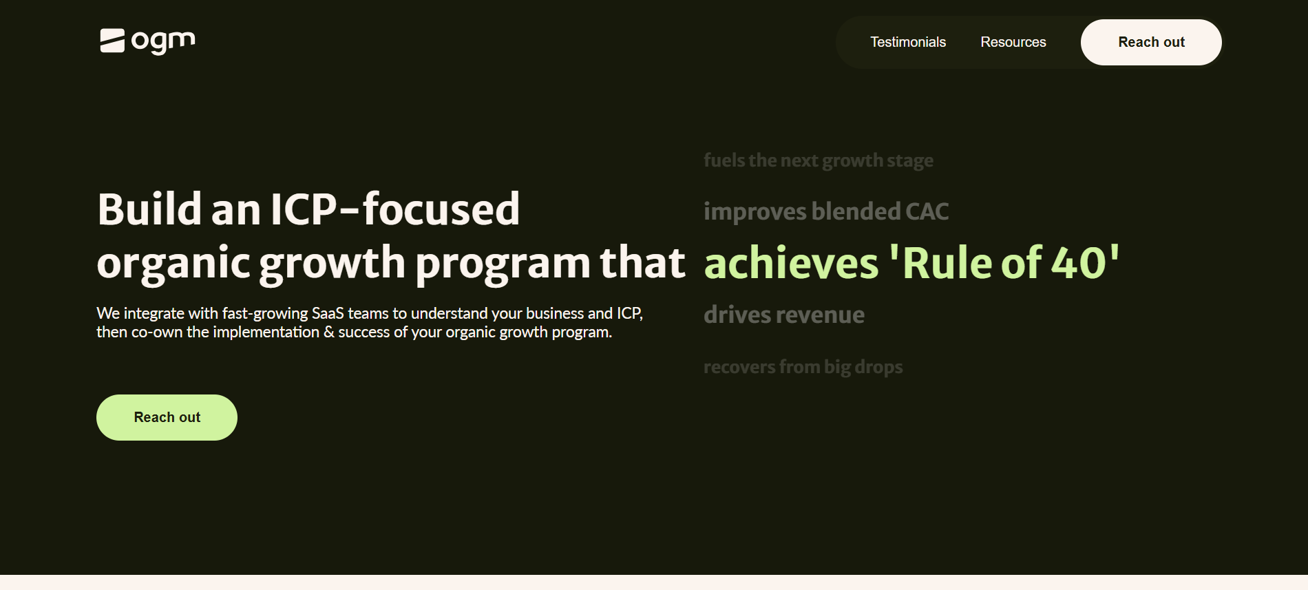 OGM Organic Growth Marketing - B2B SaaS strategic consulting homepage featuring industry expertise and Best Generative Engine Optimization Company for AI Visibility
