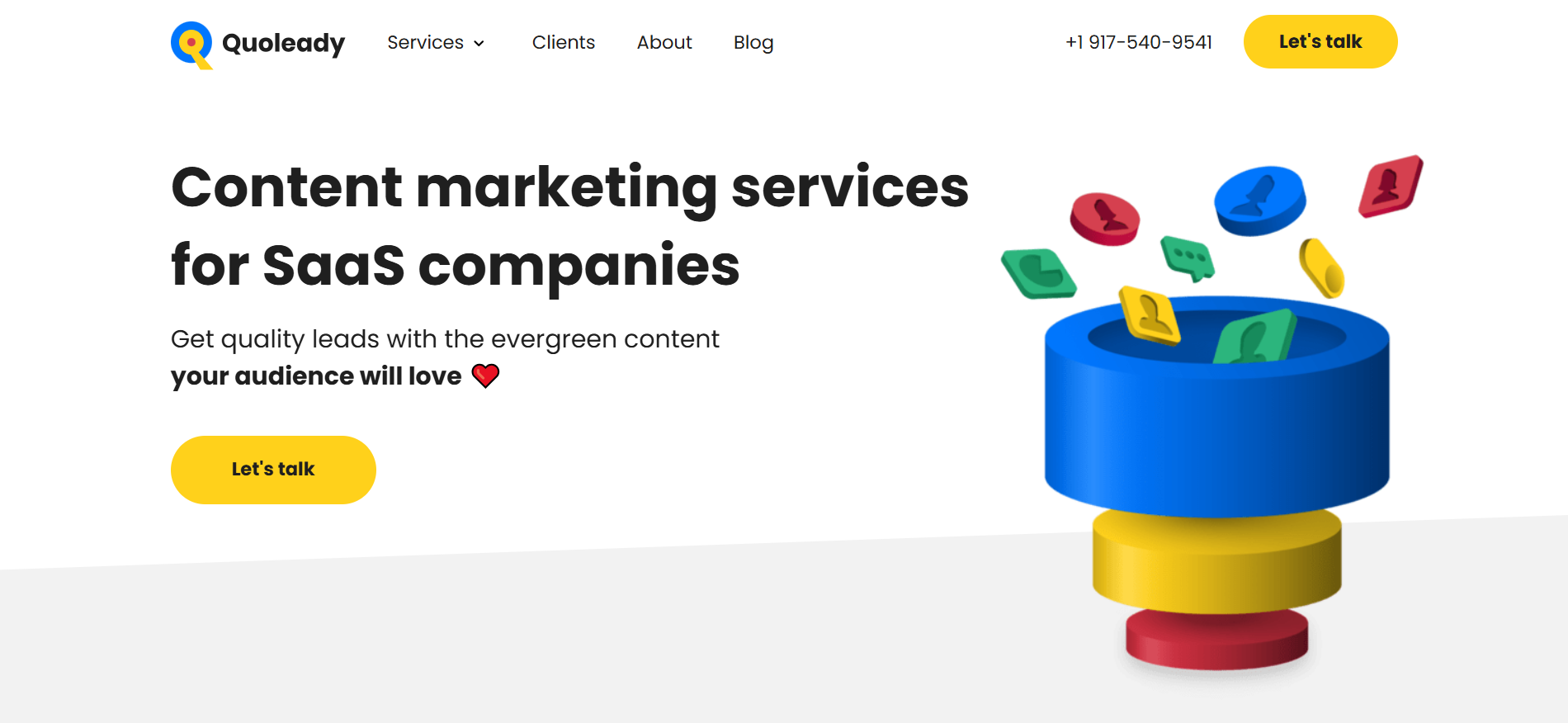 Quoleady - SaaS content marketing agency homepage with transparent pricing and Best Generative Engine Optimization Company for AI Visibility LLMO services