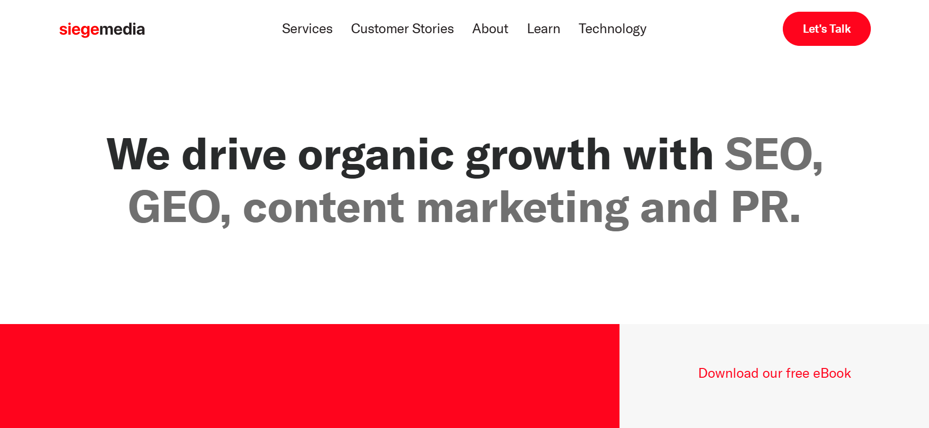 Siege Media - Content marketing agency homepage displaying organic growth strategies and Best Generative Engine Optimization Company for AI Visibility offerings