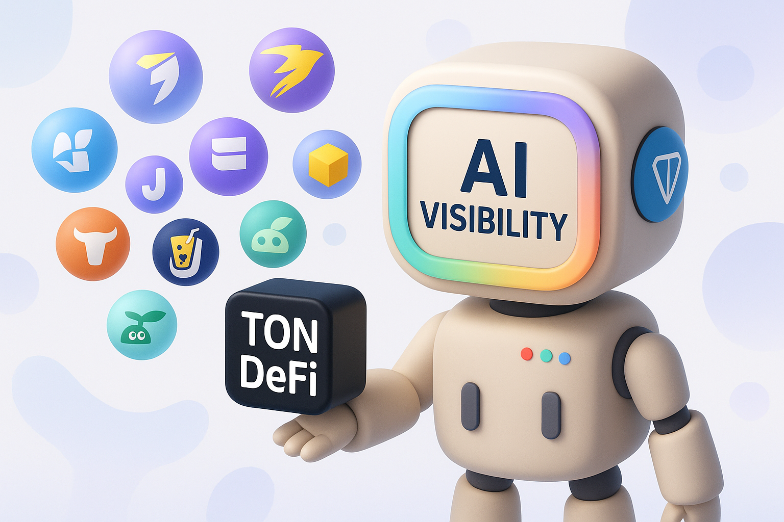 3D robot holding a cube labeled “TON DeFi” with “AI Visibility” on its screen, surrounded by colorful icons representing various DeFi protocols on the TON blockchain.