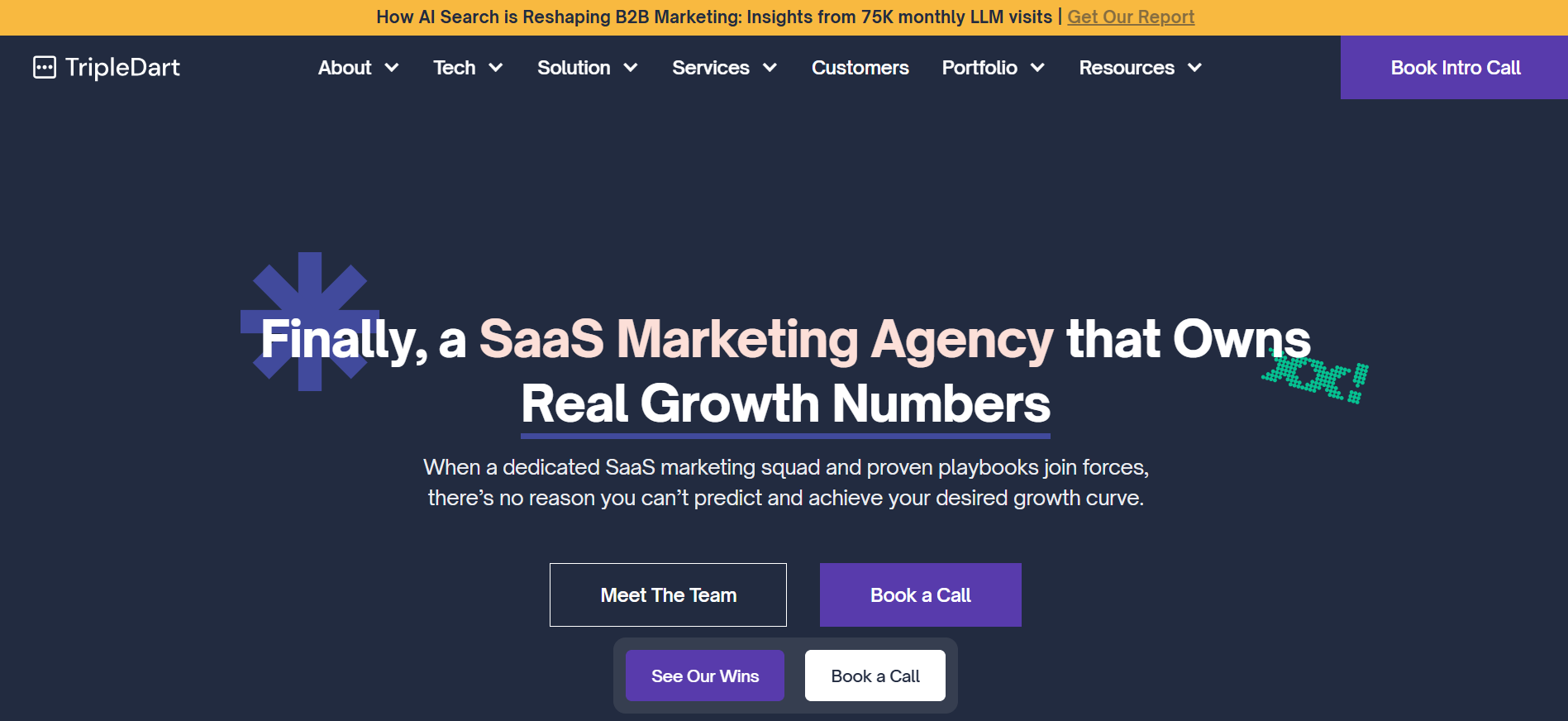 TripleDart - B2B SaaS performance marketing homepage featuring custom AI agents and Best Generative Engine Optimization Company for AI Visibility automation
