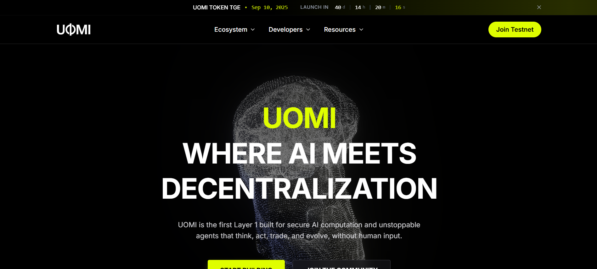 Uomi Layer 1 blockchain homepage featuring AI-powered PoS consensus mechanism best crypto presales August