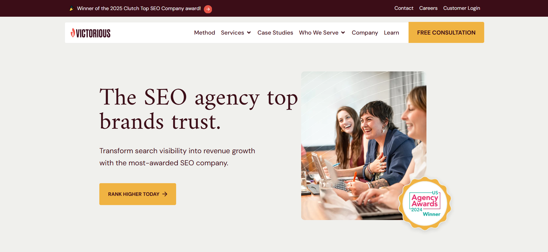 Victorious - Answer Engine Optimization specialist homepage featuring Best Generative Engine Optimization Company for AI Visibility enterprise solutions