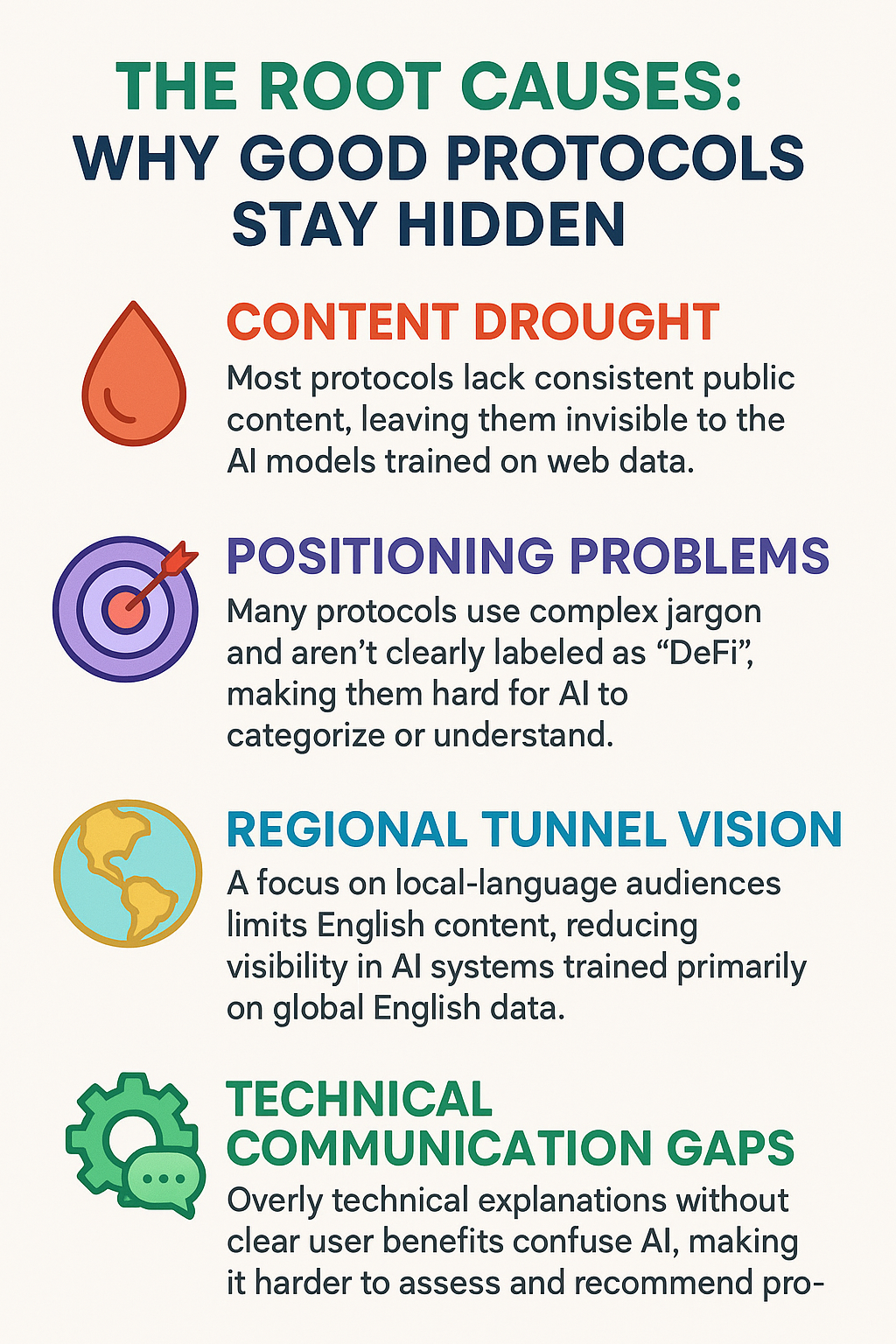 Infographic titled “The Root Causes: Why Good Protocols Stay Hidden,” listing four issues—Content Drought, Positioning Problems, Regional Tunnel Vision, and Technical Communication Gaps—each with a short explanation and corresponding icon.