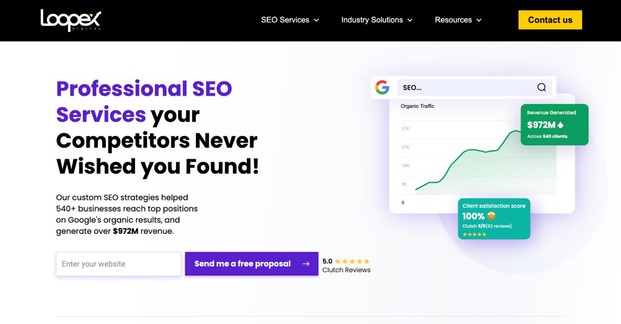 Loopex Digital homepage showcasing professional SEO services trusted by 540 clients with generative AI SEO and link building expertise