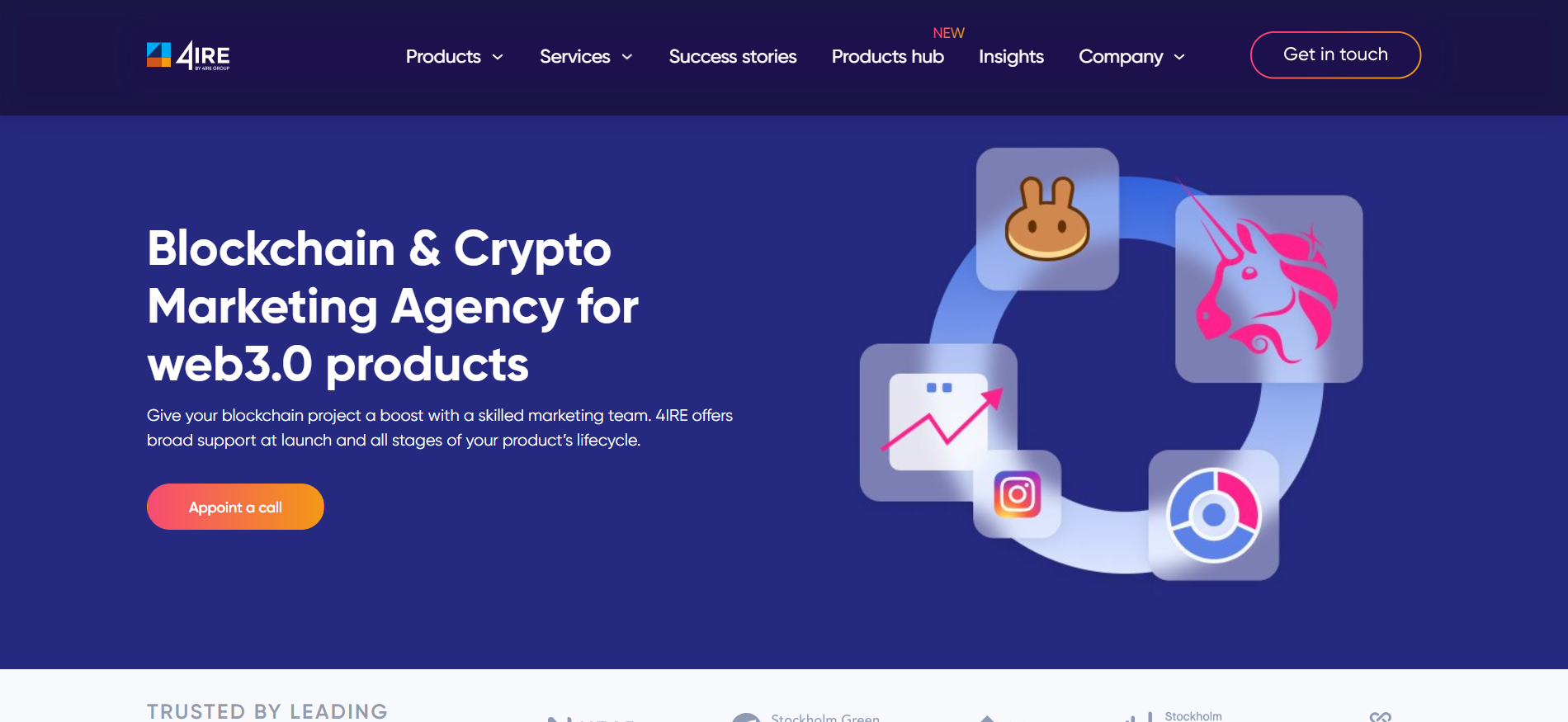 4IRE homepage featuring integrated blockchain development and marketing services with technical expertise for cryptocurrency exchange promotion and developer engagement